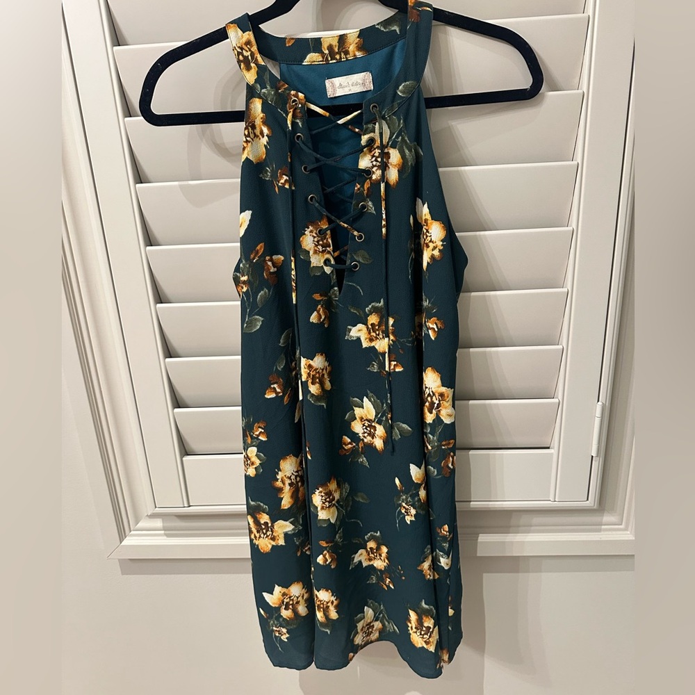 Altar'd State Teal Floral Lace-Up Mini Dress
